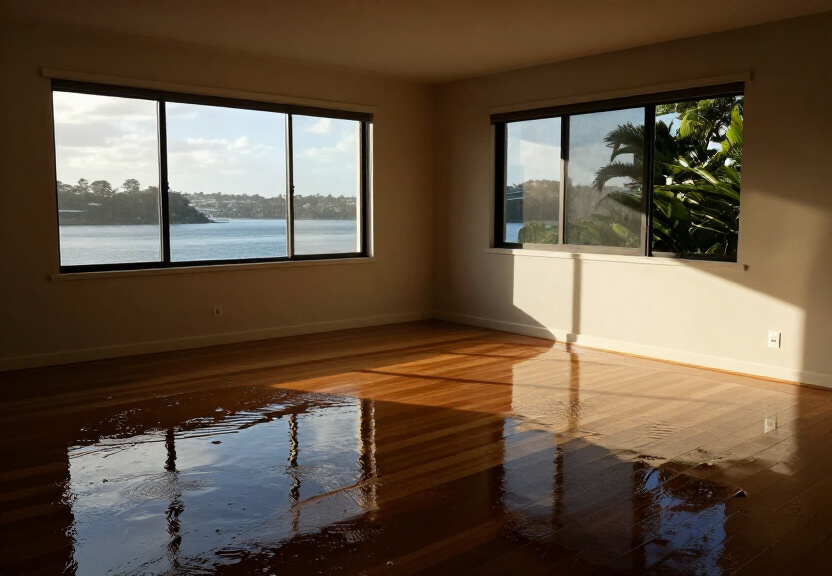 Flood-damaged living room in Castlecrag before restoration